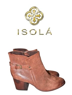 Isola Cognac Brown Leather Ankle Booties with Buckle 8.5M.